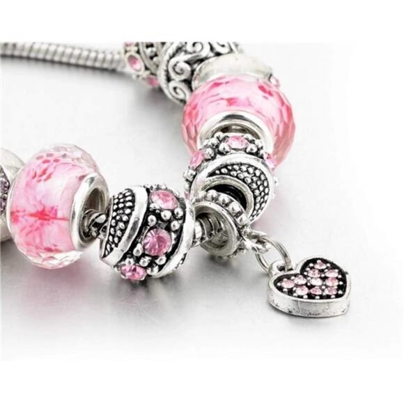 Charm Pink Hearts Silver Plated Charm Bracelet Set, - Picture 4 of 5